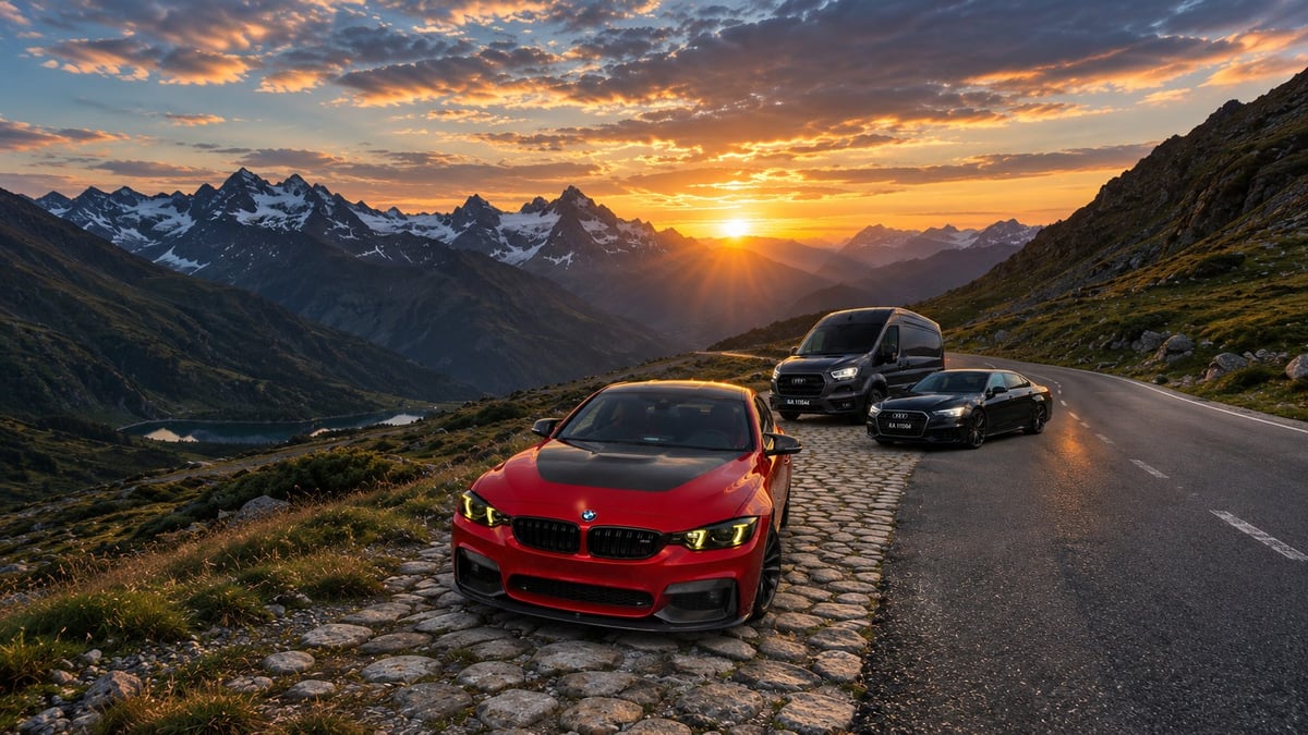 Three luxury sports cars on a mountain road at sunset with alpine peaks in the background